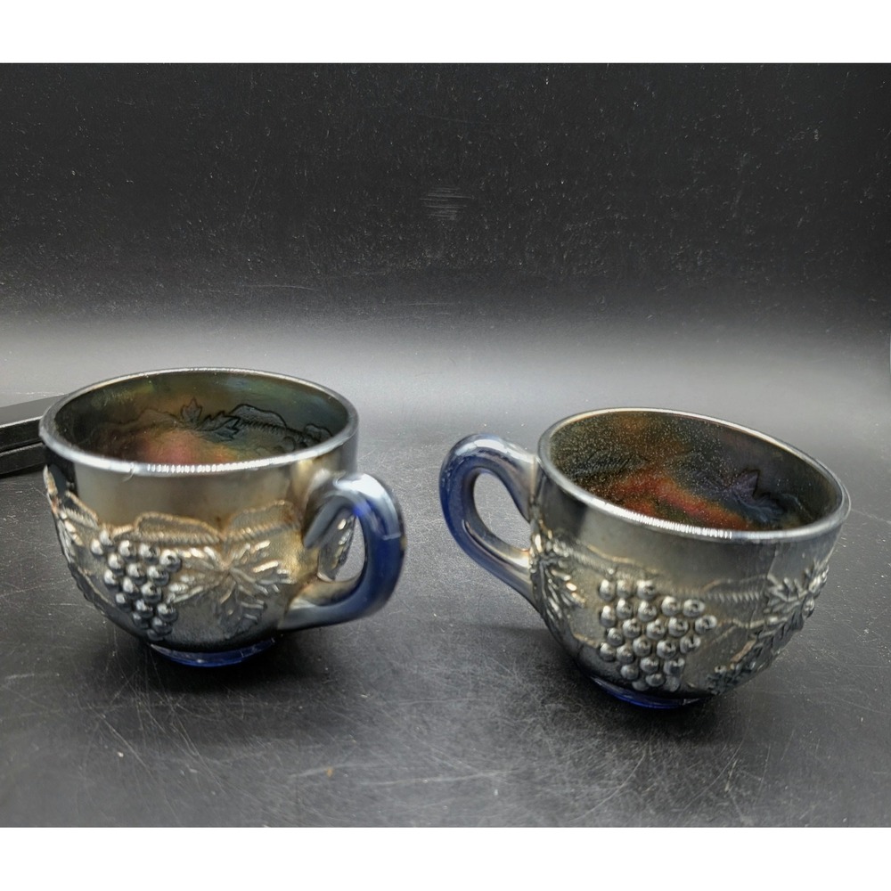 Vintage Northwood Glass Harvest Grape Cobalt Blue Iridescent Carnival Cups Set 2
